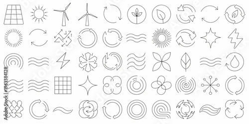 A collection of various eco-friendly icons and symbols are displayed on a white background.
