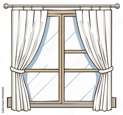 Classic window with white drapes drawn to the sides revealing a subtle blue sky reflection