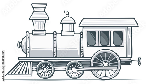 Stylized black and white illustration of an antique locomotive or train engine