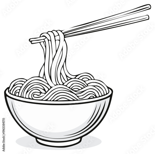 Asian noodles lifted by chopsticks from a bowl a simple monochrome line art illustration