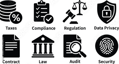 Legal compliance regulation vector icon set, Corporate finance audit data privacy pictograms, Black silhouette business law taxation graphic symbols
