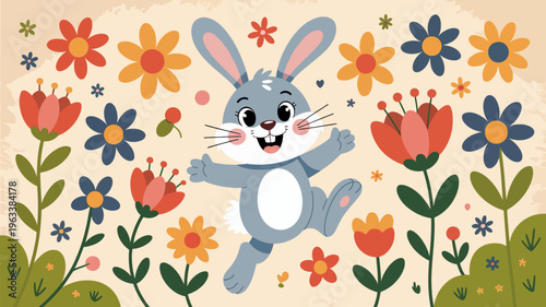 A delightful repeating pattern of stylized red yellow and green flowers