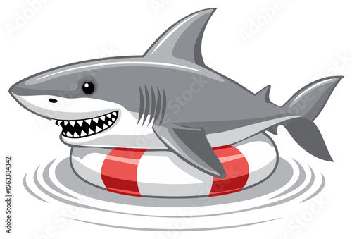 Cartoon shark resting on a red and white life preserver ring in wavy water