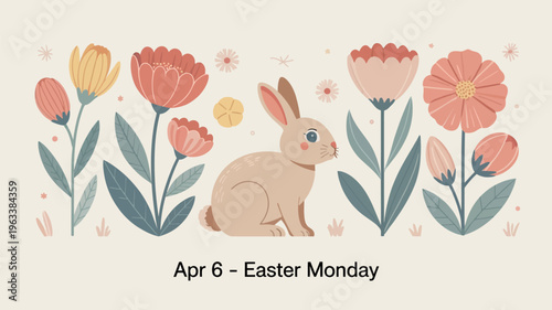 Happy easter illustration featuring a white bunny surrounded by colorful spring flowers