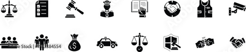 Legal justice and law enforcement vector icon set, Crime prevention and judiciary silhouette graphics, Professional business ethics and security pictograms
