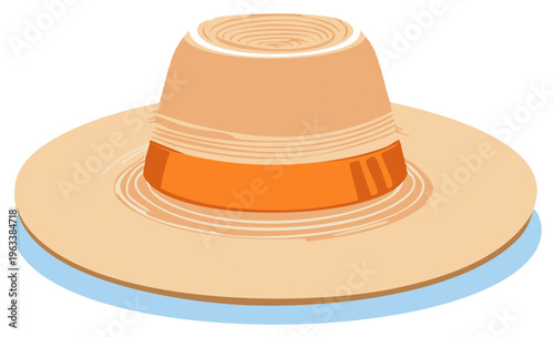 Classic wide brimmed straw sun hat with an orange band vector illustration