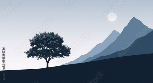 Serene mountain landscape with lone tree under moonlight