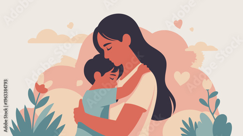 A tender illustration of a mother lovingly cradling her young child