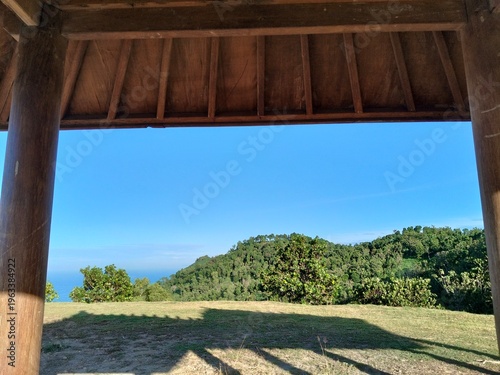 Gazebo roof detail in outdoor setting, classic wooden pavilion structure.