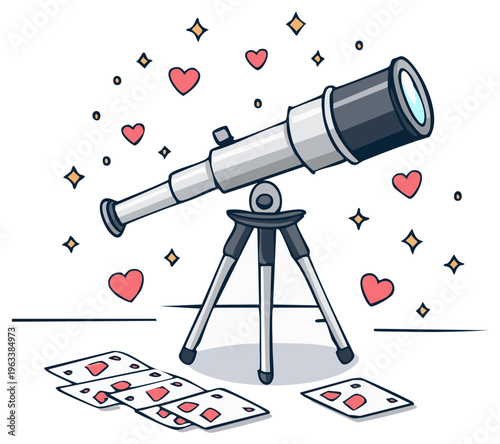 Cartoon telescope with hearts and starbursts, looking at love and romance.