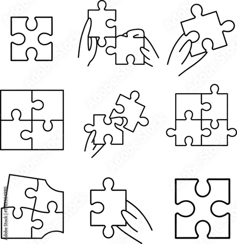Puzzle pieces being assembled and disassembled in a clean line style
