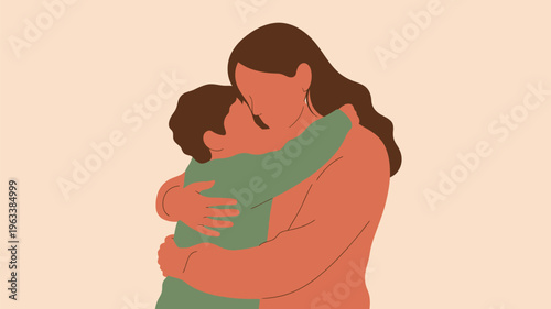 A tender illustration of a mother embracing her young child with affection