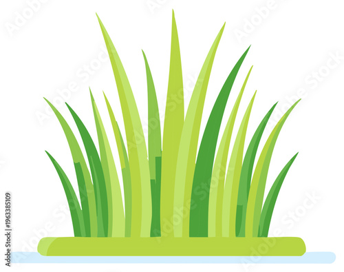 Abstract illustration of lush green grass blades growing from a light green mound, on a white background.