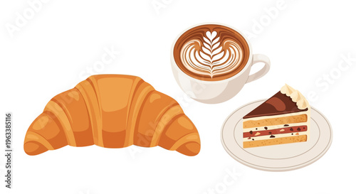 Delicious breakfast scene with croissant cake and coffee on a plate and cup.