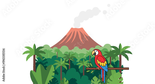 A colorful parrot perches on a branch in a lush tropical forest with a volcano.