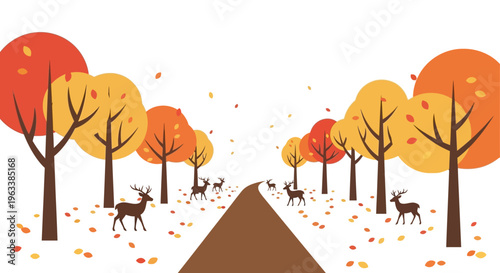 Deer roam freely along a winding autumn road surrounded by vibrant trees and falling leaves.