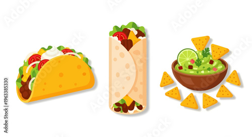 A vibrant illustration of a taco, burrito, and guacamole with chips on a white background.