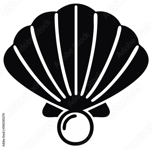 Elegant black scallop shell icon featuring a luminous white pearl a classic marine treasure symbol vector illustration