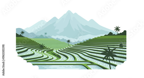Rice terraces with palm trees and mountains in the background landscape scene