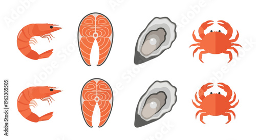 Seafood icons of shrimp, salmon fillets, oysters, and crabs on white background.