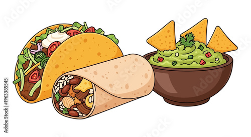 A vibrant illustration of tacos and burrito with guacamole dip on a white background for food enthusiasts.
