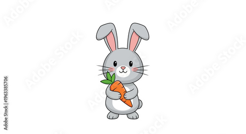 A cute cartoon rabbit holds a carrot in a simple illustration scene.