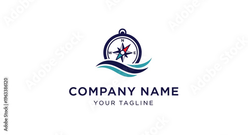 a logo design with a compass on a wave.