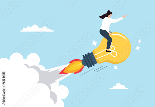 Businesswoman riding light bulb rocket concept innovation entrepreneurship breakthroughs and rapid progress