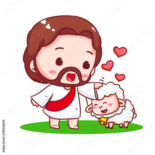 Cute Jesus and the little lamb Cartoon Character. Christianity Religion Concept Design. Adorable Kawaii Chibi Jesus Christ Character Illustration. Isolated White Background.