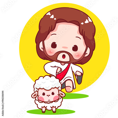 Cute Jesus Finding Lost Lamb Cartoon Character. Christianity Religion Concept Design. Adorable Kawaii Chibi Jesus Christ Character Illustration. Isolated White Background.
