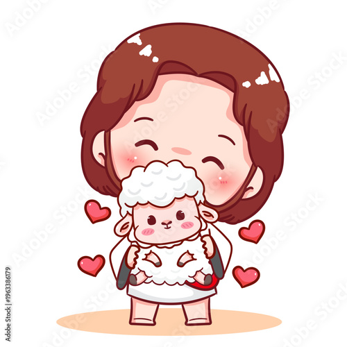 Cute Jesus and the little lamb Cartoon Character. Christianity Religion Concept Design. Adorable Kawaii Chibi Jesus Christ Character Illustration. Isolated White Background.