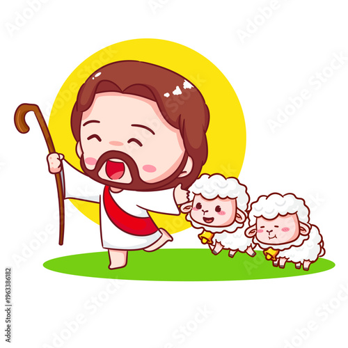 Cute Jesus and the little lamb Cartoon Character. Christianity Religion Concept Design. Adorable Kawaii Chibi Jesus Christ Character Illustration. Isolated White Background.