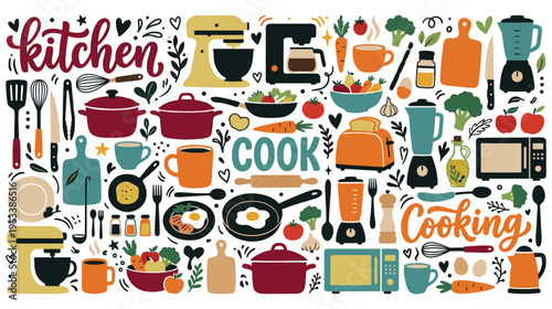 Kitchen and cooking elements, hand drawn vector doodle set, collection of kitchen utensils