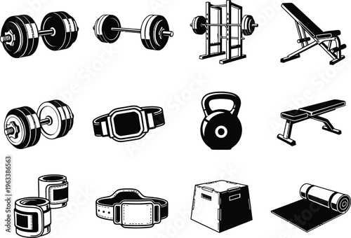 Black and white illustration showcasing various fitness equipment like dumbbells kettlebells and benches high quality professional