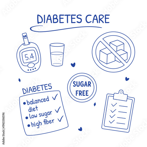 Diabetes care doodle set. Hand drawn medical icons, sugar free concept, glucose meter, healthy lifestyle