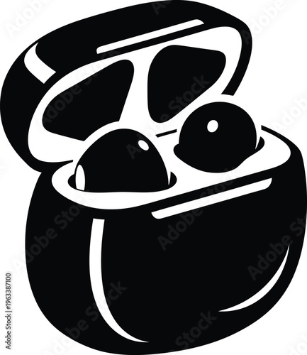 A black and white illustration depicts an open pomegranate revealing its juicy red seeds high quality