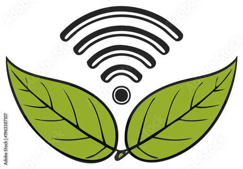 Eco-Friendly Wifi Concept: Two green leaves cradle wifi signal, symbolizing sustainable and environmentally conscious technology solutions.