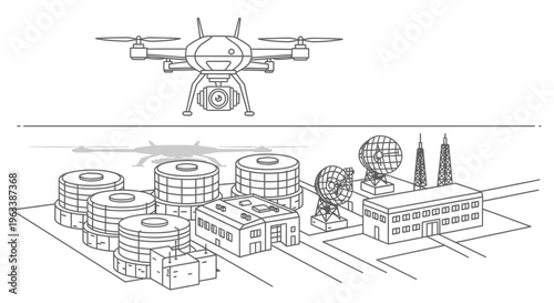 Drone flying over industrial complex.