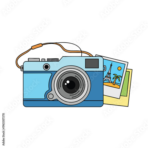 Blue camera with strap and two travel photos of the Eiffel Tower and a tropical beach