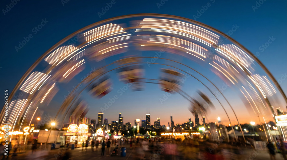 Fototapeta premium Blurry amusement park lights and Ferris wheel motion against a cityscape skyline at dusk