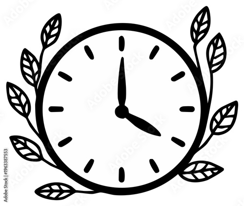 Whimsical Clock Surrounded by Delicate Leaves in a Hand-Drawn Style