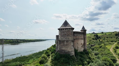 Panoramic view of Khotyn Fortress and surrounding defensive hills with the Dniester River. Smooth camera movement from left to right.