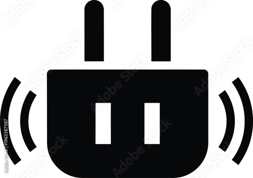 Simple black and white icon depicting a stylized wireless router with signal waves high quality professional