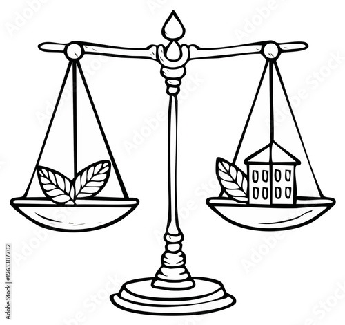 Balance scales show equal weight between healthy nature leaves and a dwelling house symbolizing life choices