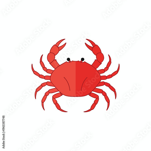 A flat red crab with black eyes and red pincers is shown against a white background