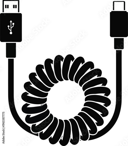 A coiled black usb c to usb a cable depicted as a simple graphic line icon