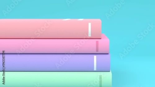 Stack of colorful books on blue background.