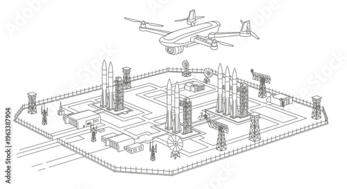 Industrial complex with airplane overhead view.