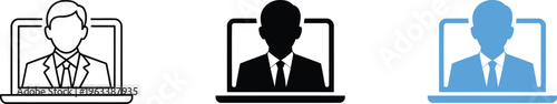 Online video meeting icon set with businessman on laptop screen for remote communication and work and