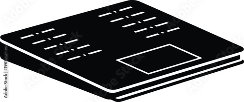 A simple black and white illustration of a closed book viewed from a slightly elevated angle